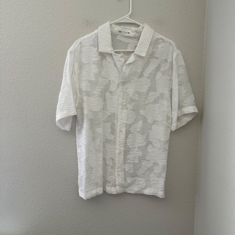 Zara Men's Casual Button Up Shirt Jacquard Short Sleeve Minimalist Airy White SZ